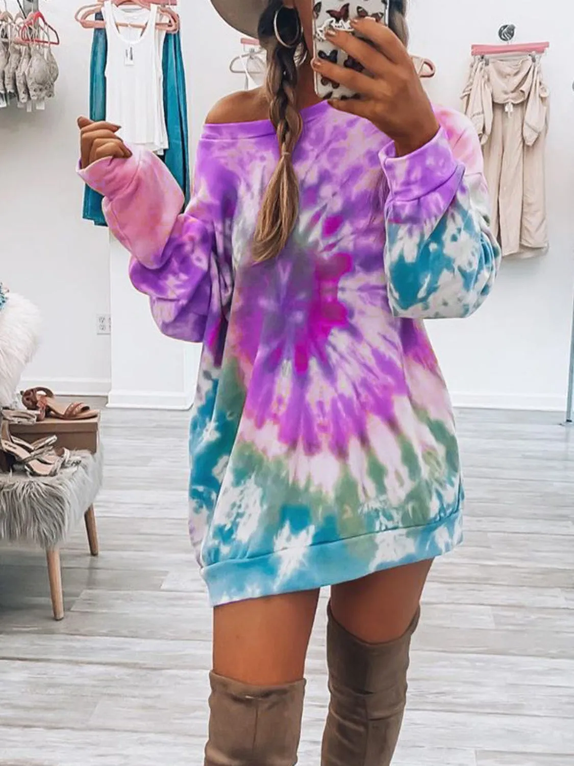 Full Size Tie-Dye Round Neck Long Sleeve Dress sold by Charming Charlie product image thumbnail 4