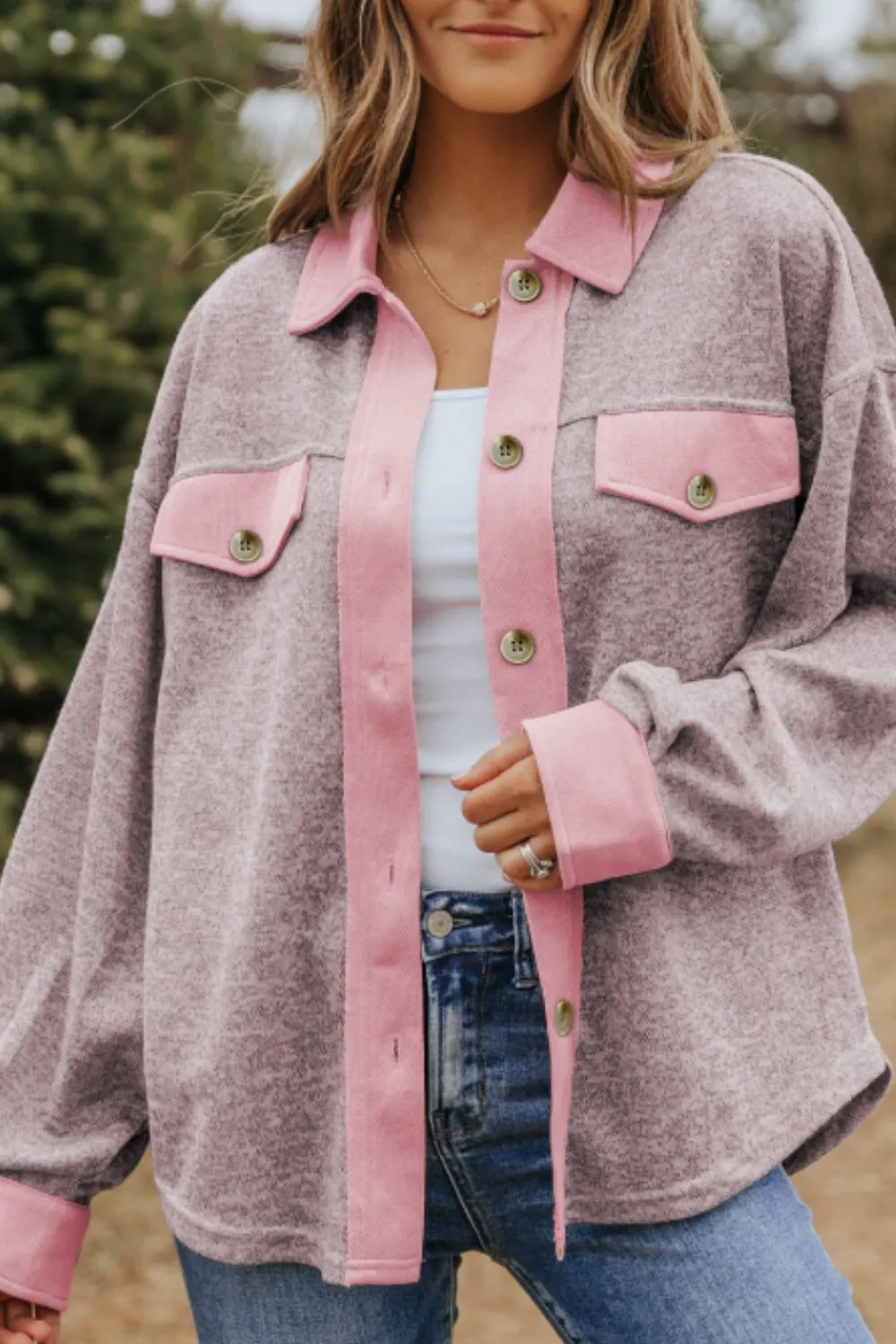 Contrast Trim Button Up Shacket sold by Charming Charlie product image thumbnail 2