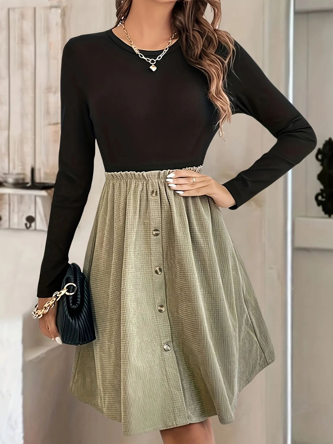 Contrast Round Neck Long Sleeve Dress sold by Charming Charlie product image thumbnail 2