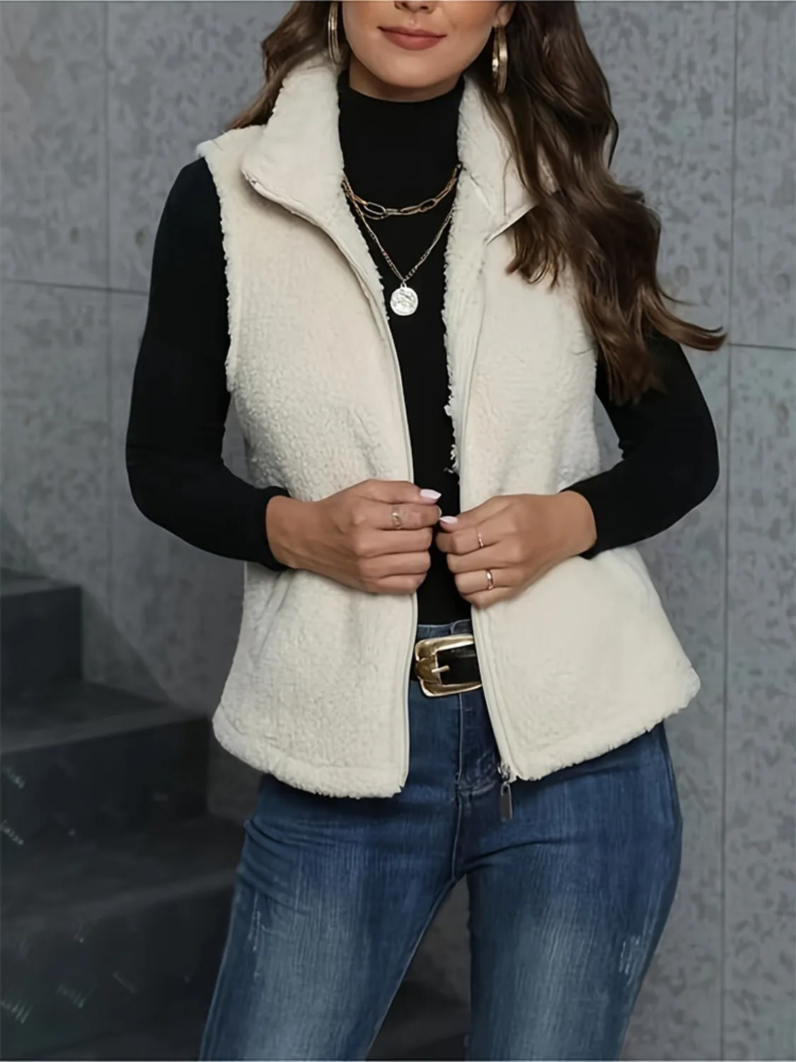 Zip Up Turtleneck Sherpa Vest Coat with Pockets sold by Charming Charlie product image thumbnail 3