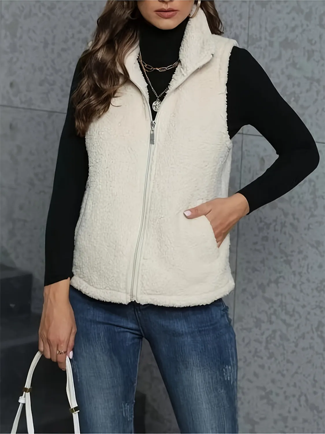 Zip Up Turtleneck Sherpa Vest Coat with Pockets sold by Charming Charlie product image thumbnail 4