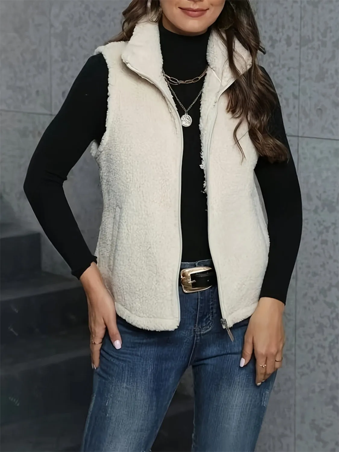 Zip Up Turtleneck Sherpa Vest Coat with Pockets sold by Charming Charlie