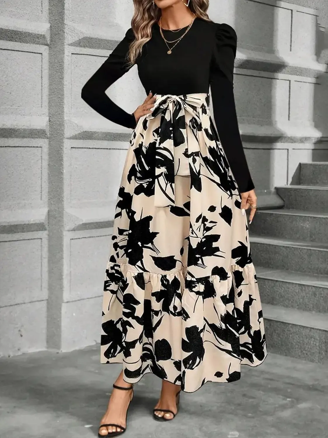 Tied Printed Round Neck Long Sleeve Midi Dress sold by Charming Charlie product image thumbnail 4