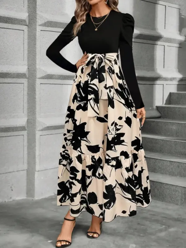 Tied Printed Round Neck Long Sleeve Midi Dress sold by Charming Charlie