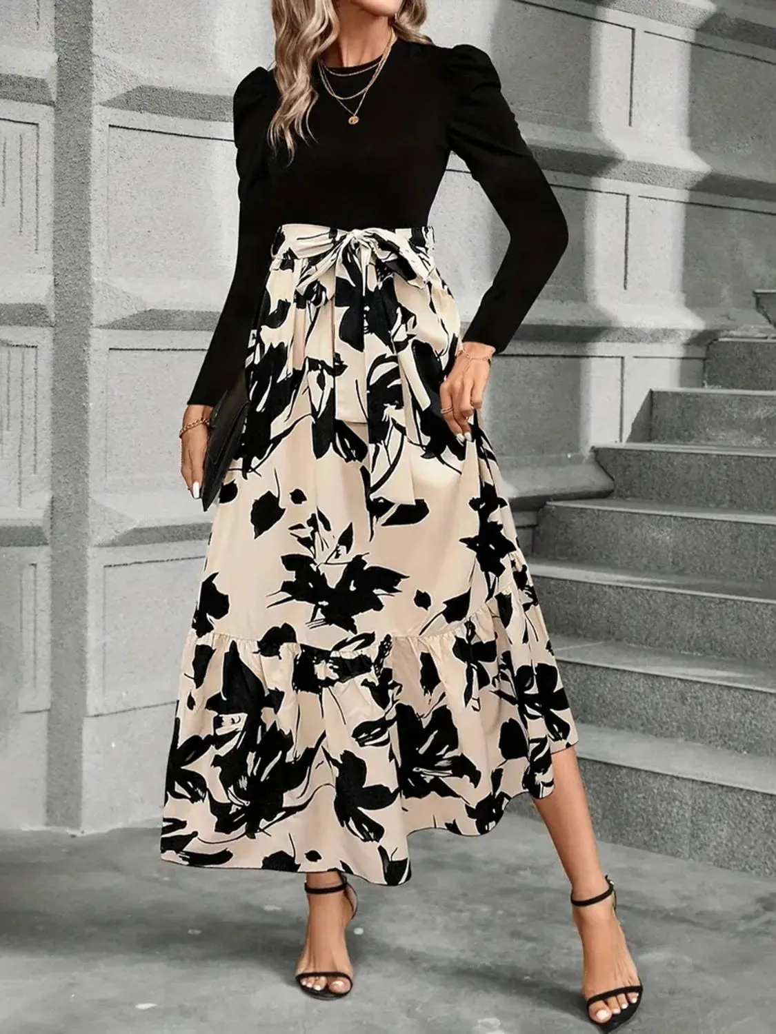 Tied Printed Round Neck Long Sleeve Midi Dress sold by Charming Charlie product image thumbnail 2
