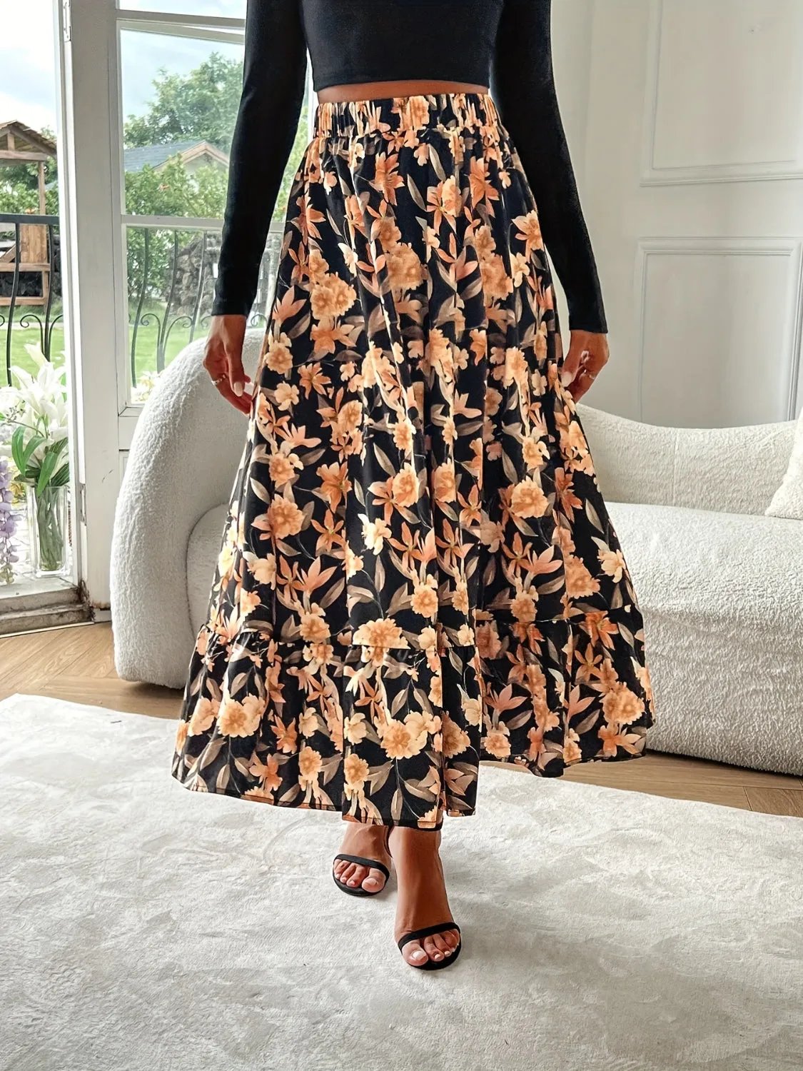 Floral Elastic Waist Midi Skirt sold by Charming Charlie