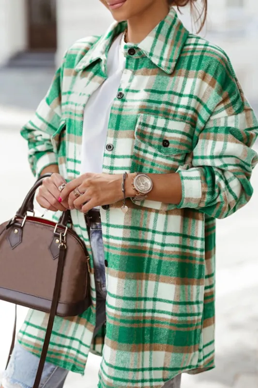 Plaid Flap Pocket Long Sleeve Shacket sold by Charming Charlie