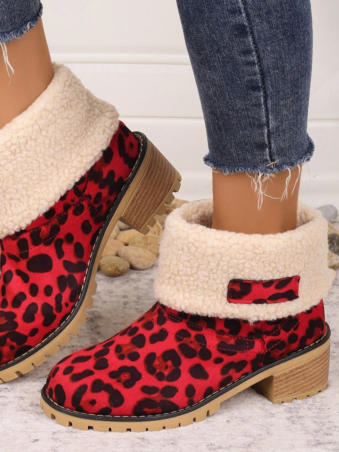Leopard Block Heel Fuzzy Boots sold by Charming Charlie product image thumbnail 2