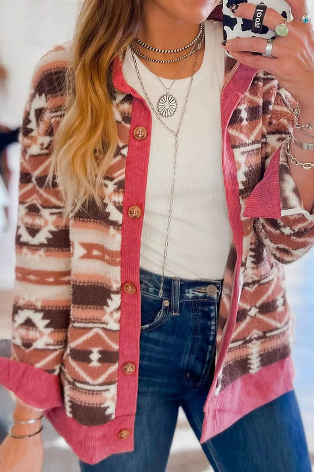 Geometric Button Up Corduroy Trim Jacket sold by Charming Charlie product image thumbnail 4