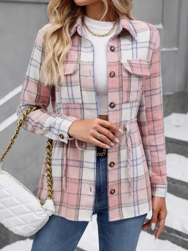 Drawstring Plaid Button Up Jacket with Chest Pockets sold by Charming Charlie