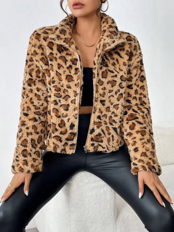 Fuzzy Turtleneck Leopard Zip Up Jacket sold by Charming Charlie