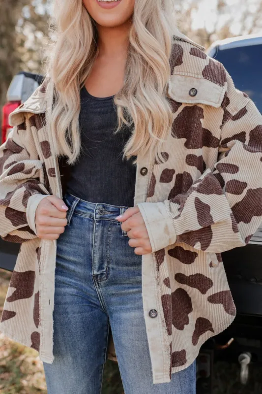 Cow Print Button Up Corduroy Shacket sold by Charming Charlie