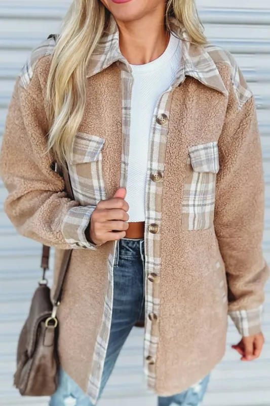 Pocketed Plaid Collared Neck Sherpa Jacket sold by Charming Charlie