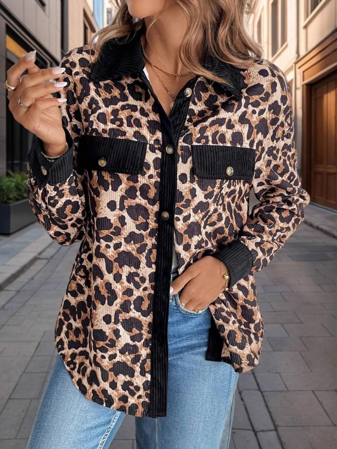 Leopard Collared Neck Button Up Shacket sold by Charming Charlie