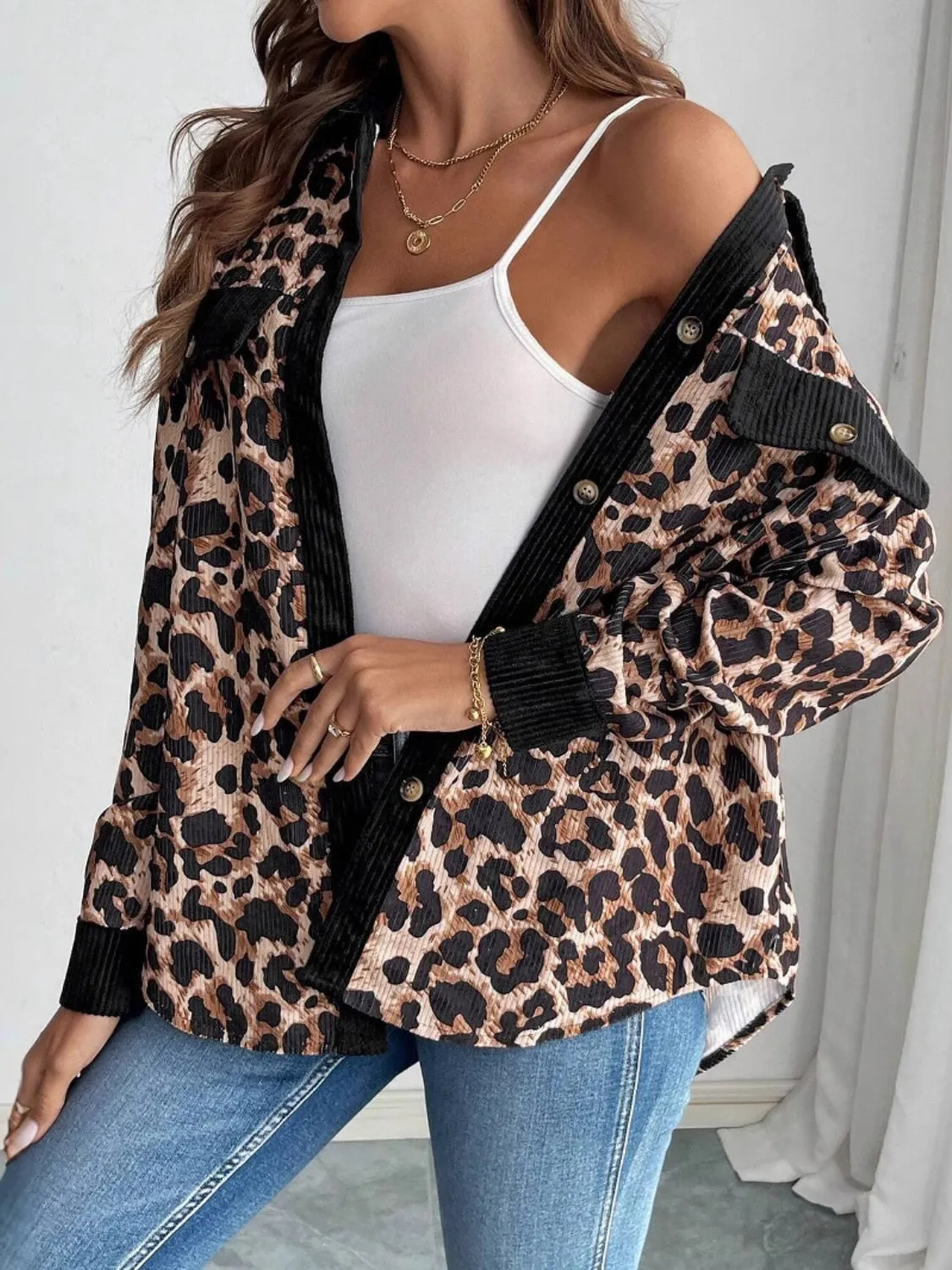 Leopard Collared Neck Button Up Shacket sold by Charming Charlie product image thumbnail 5