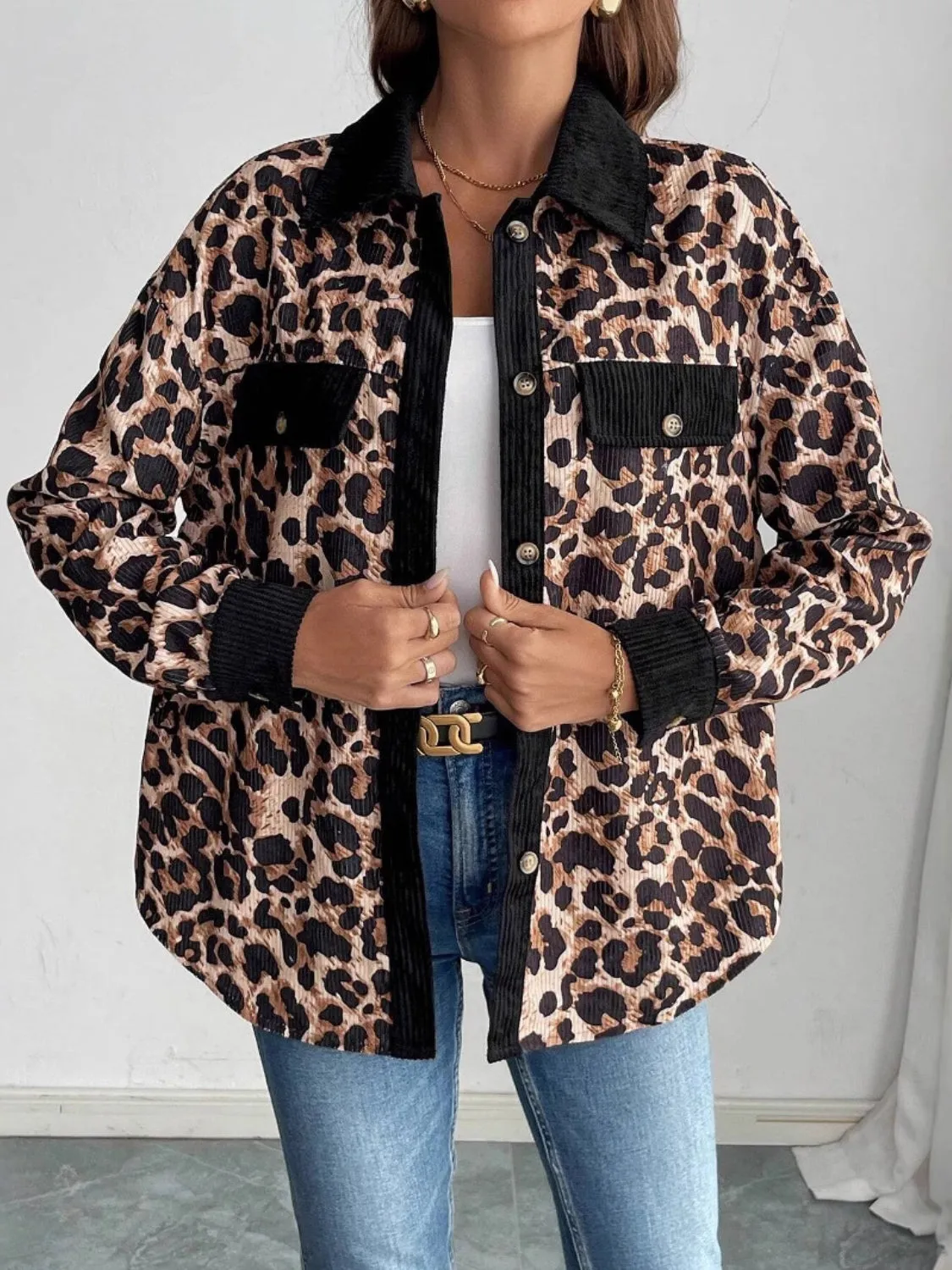 Leopard Collared Neck Button Up Shacket sold by Charming Charlie product image thumbnail 3