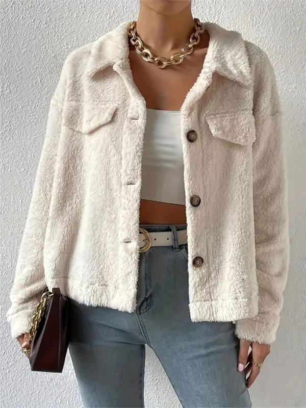 Collared Neck Button Up Jacket with Decorative Pocket Flaps sold by Charming Charlie