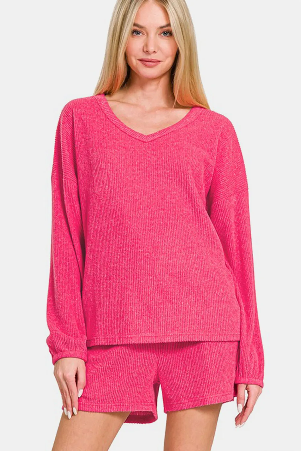 Zenana V-Neck Long Sleeve Ribbed Top and Shorts Set sold by Charming Charlie