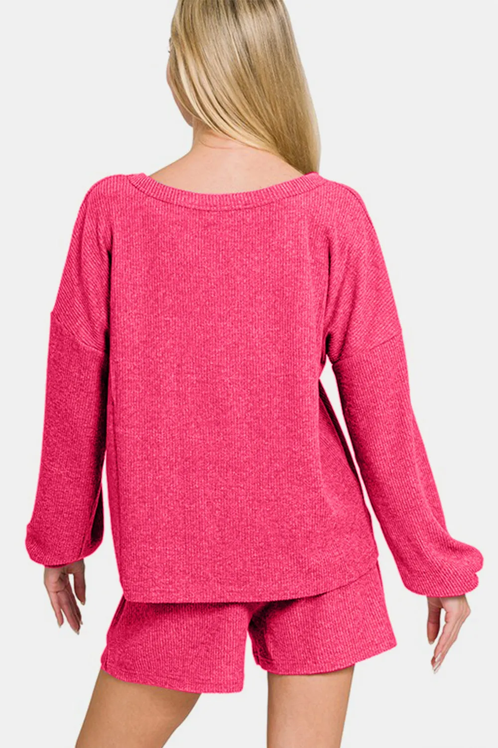 Zenana V-Neck Long Sleeve Ribbed Top and Shorts Set sold by Charming Charlie product image thumbnail 2