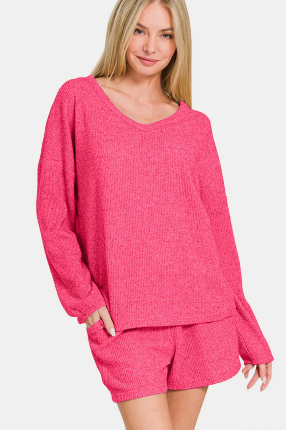 Zenana V-Neck Long Sleeve Ribbed Top and Shorts Set sold by Charming Charlie product image thumbnail 3