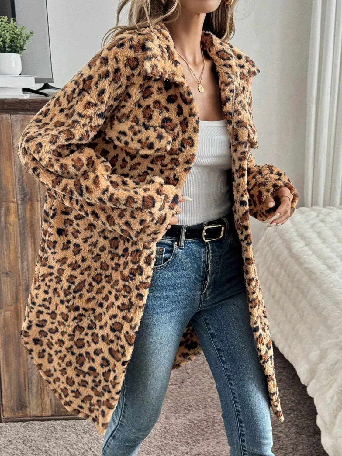Leopard Button Up Long Sleeve Fuzzy Coat sold by Charming Charlie product image thumbnail 5