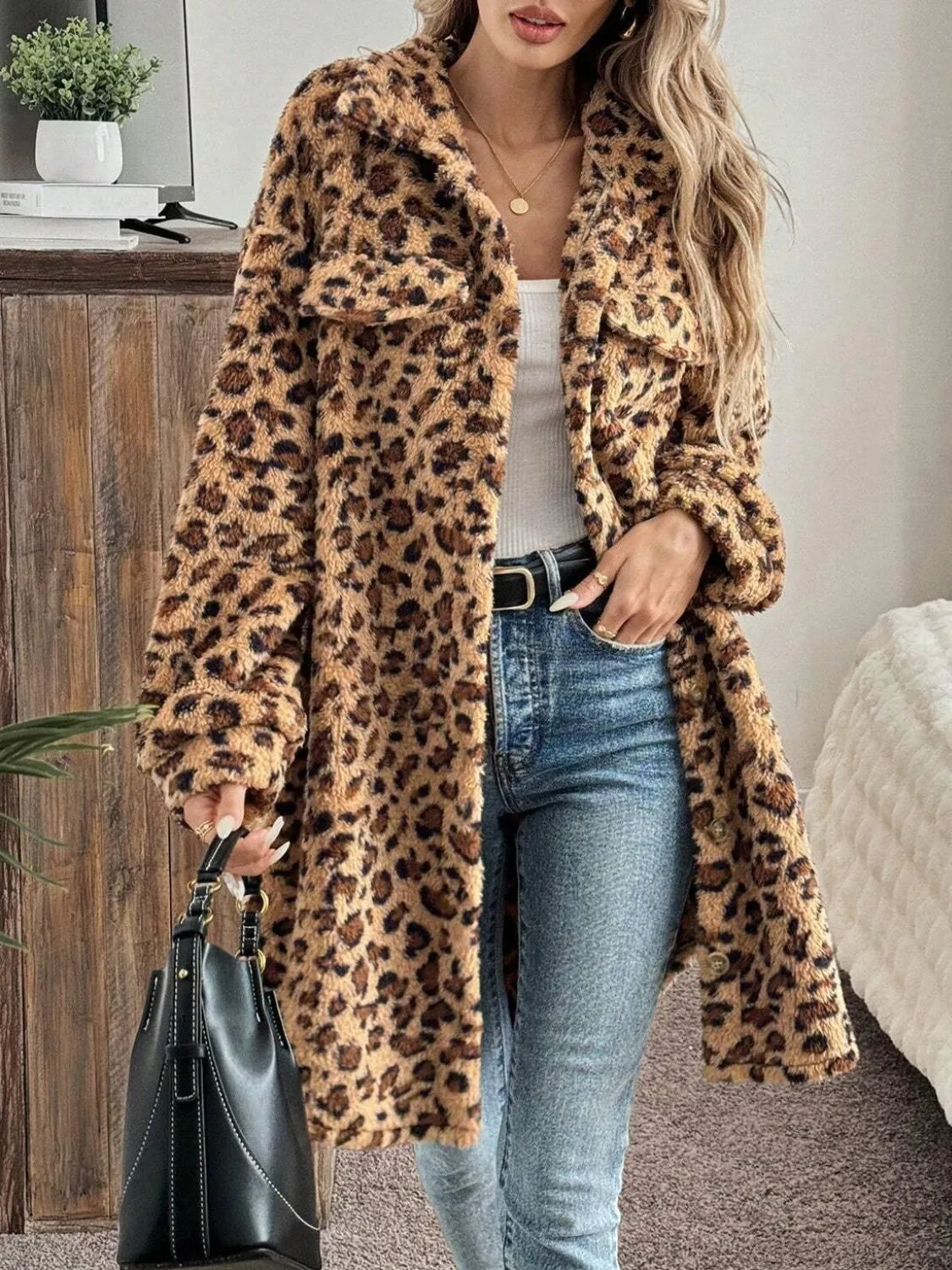 Leopard Button Up Long Sleeve Fuzzy Coat sold by Charming Charlie product image thumbnail 2