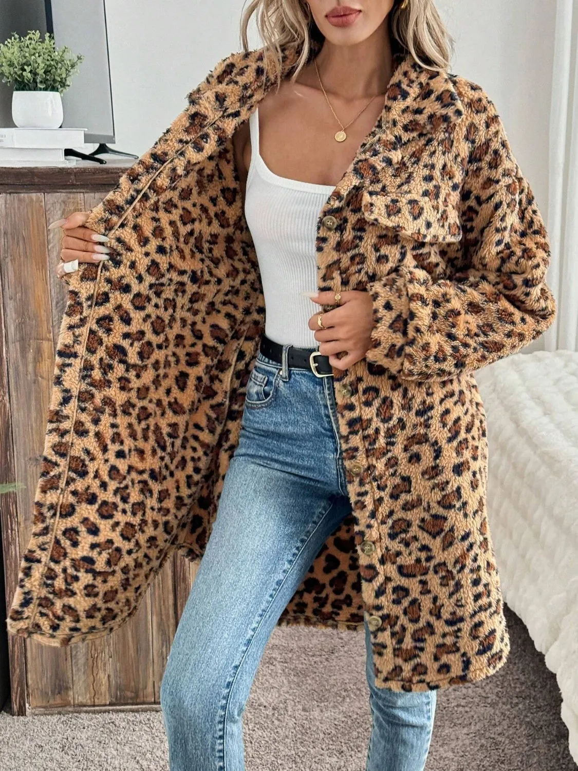 Leopard Button Up Long Sleeve Fuzzy Coat sold by Charming Charlie product image thumbnail 3