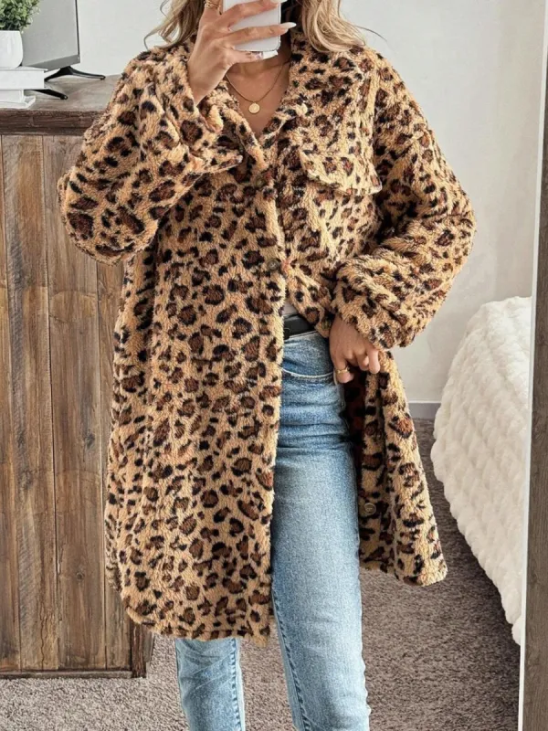 Leopard Button Up Long Sleeve Fuzzy Coat sold by Charming Charlie