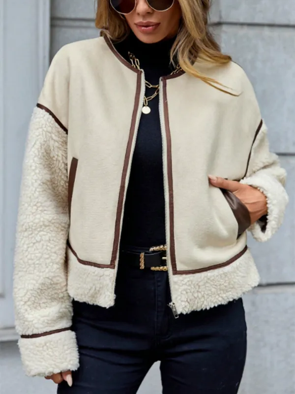 Contrast Trim Zip Up Sherpa Jacket sold by Charming Charlie