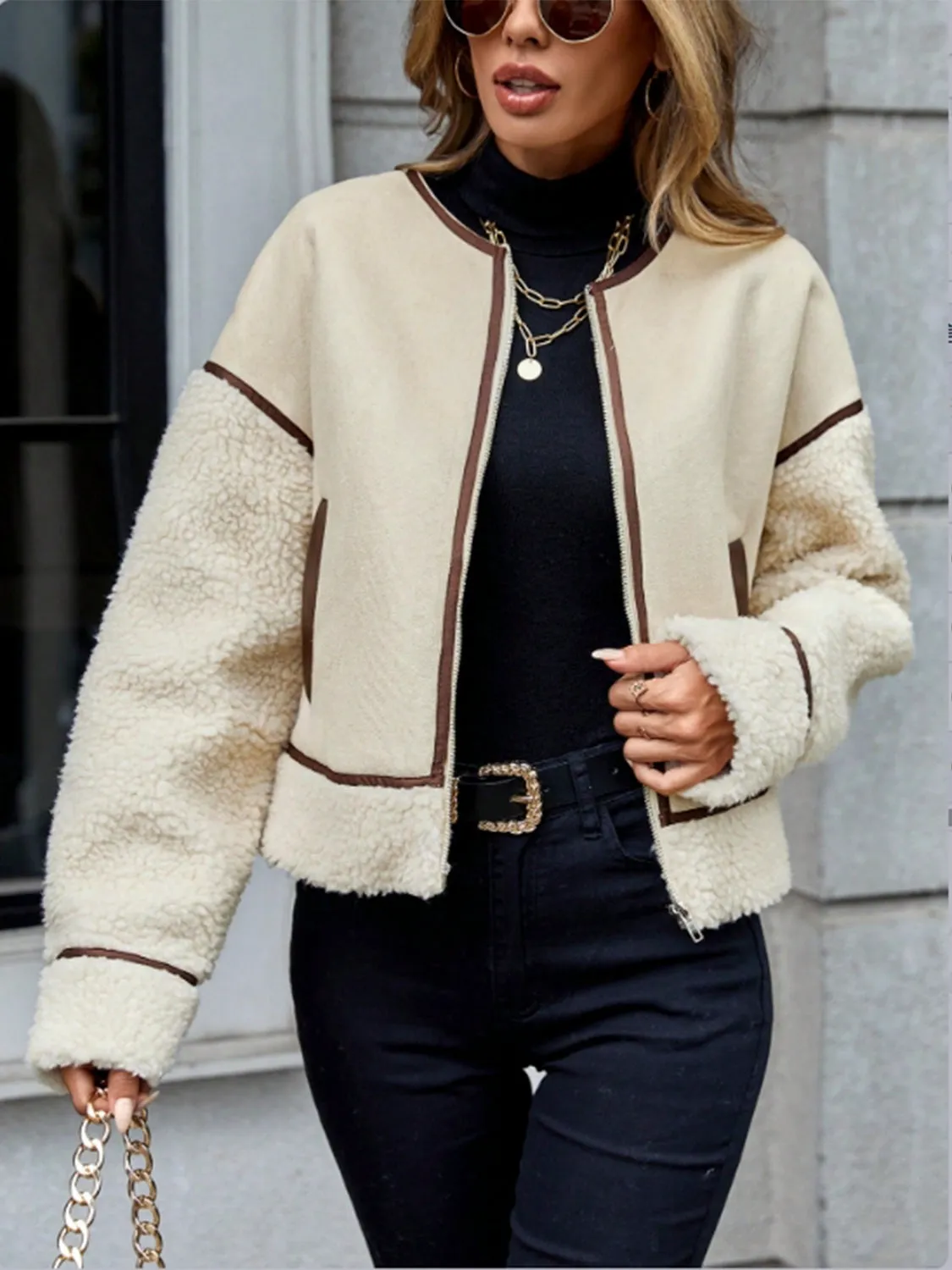 Contrast Trim Zip Up Sherpa Jacket sold by Charming Charlie product image thumbnail 3
