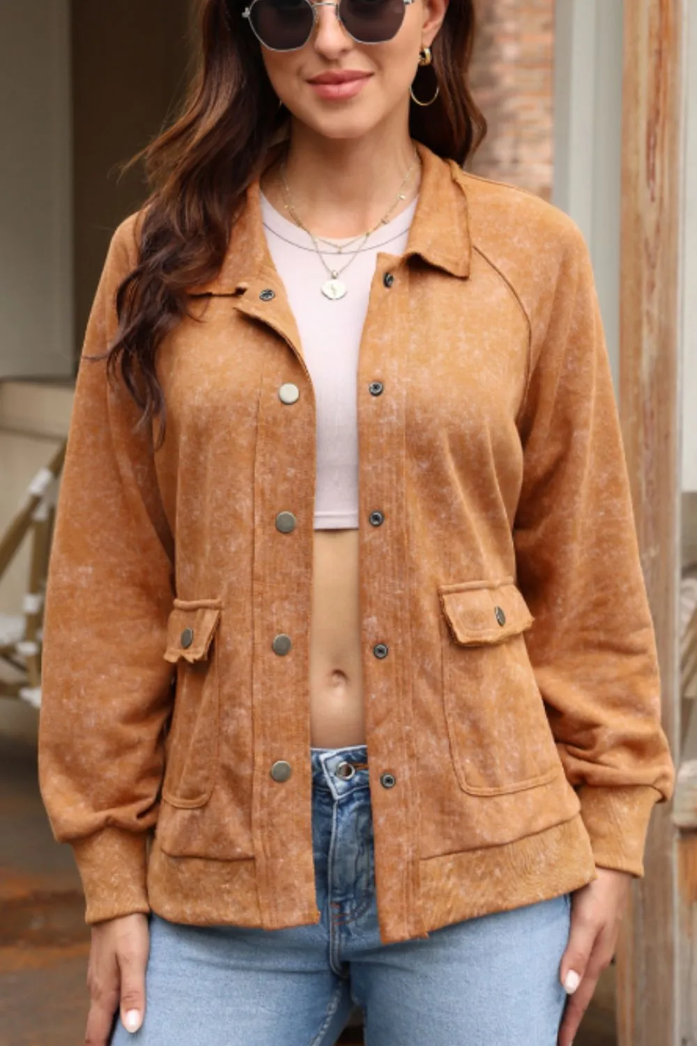 Snap Down Flap Pocket Long Sleeve Shacket sold by Charming Charlie product image thumbnail 5