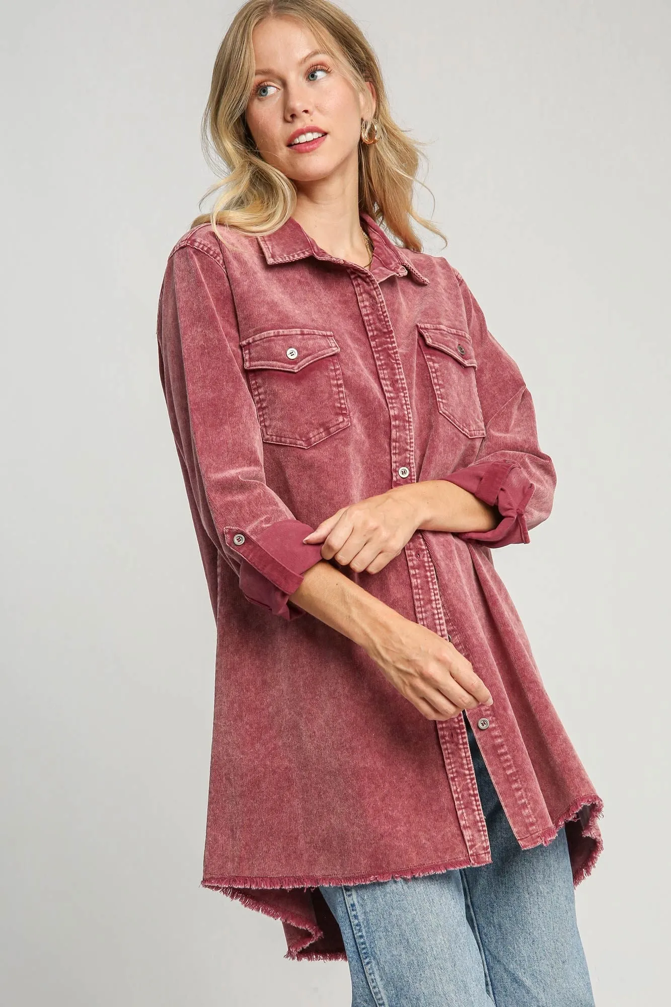 Umgee Raw Hem Button Down Denim Jacket with Chest Pockets sold by Charming Charlie product image thumbnail 2