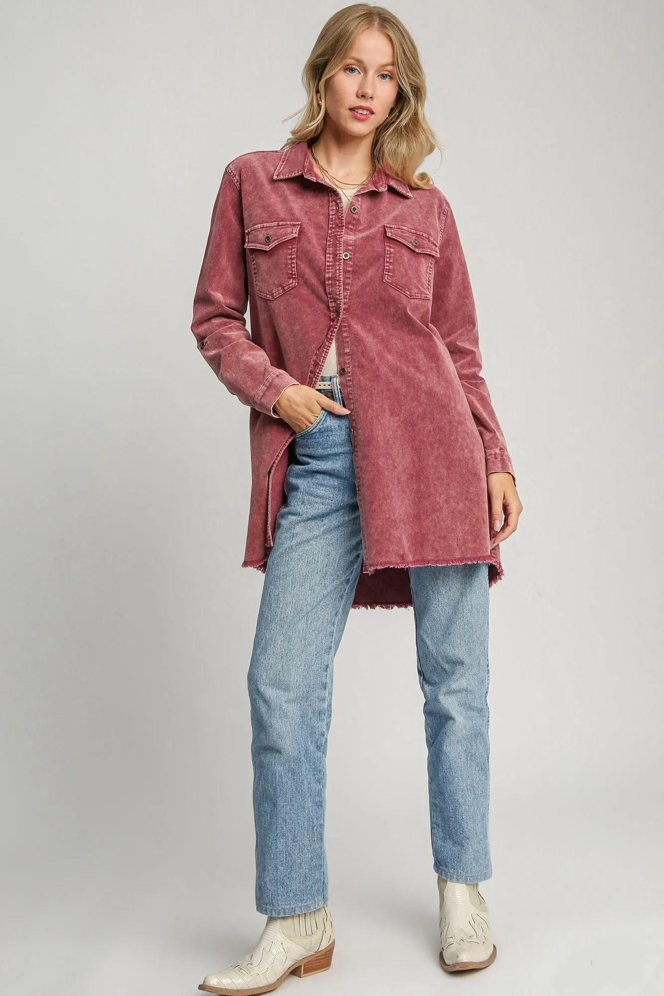Umgee Raw Hem Button Down Denim Jacket with Chest Pockets sold by Charming Charlie product image thumbnail 3