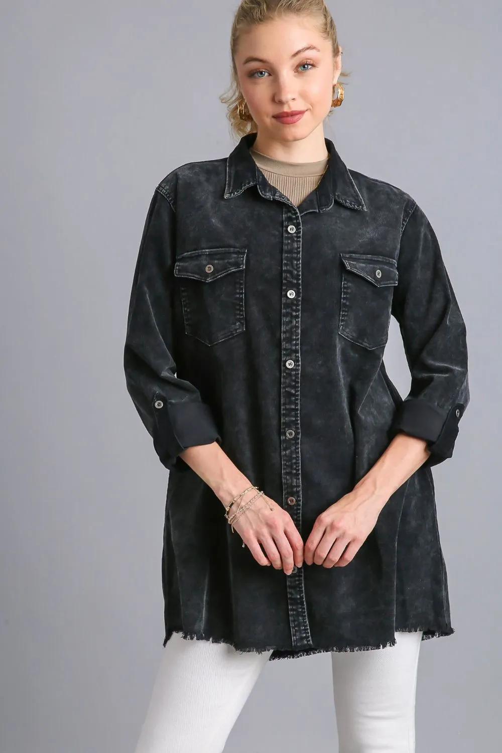Umgee Raw Hem Button Down Denim Jacket with Chest Pockets sold by Charming Charlie