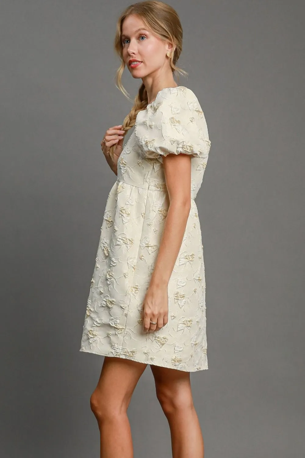 Umgee Heart Jacquard Square Neck Puff Sleeve Mini Dress sold by Charming Charlie product image thumbnail 3