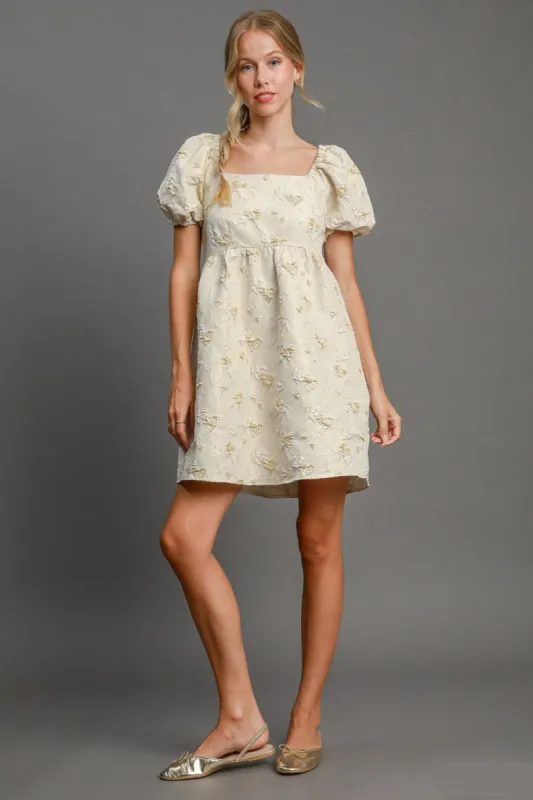Umgee Heart Jacquard Square Neck Puff Sleeve Mini Dress sold by Charming Charlie