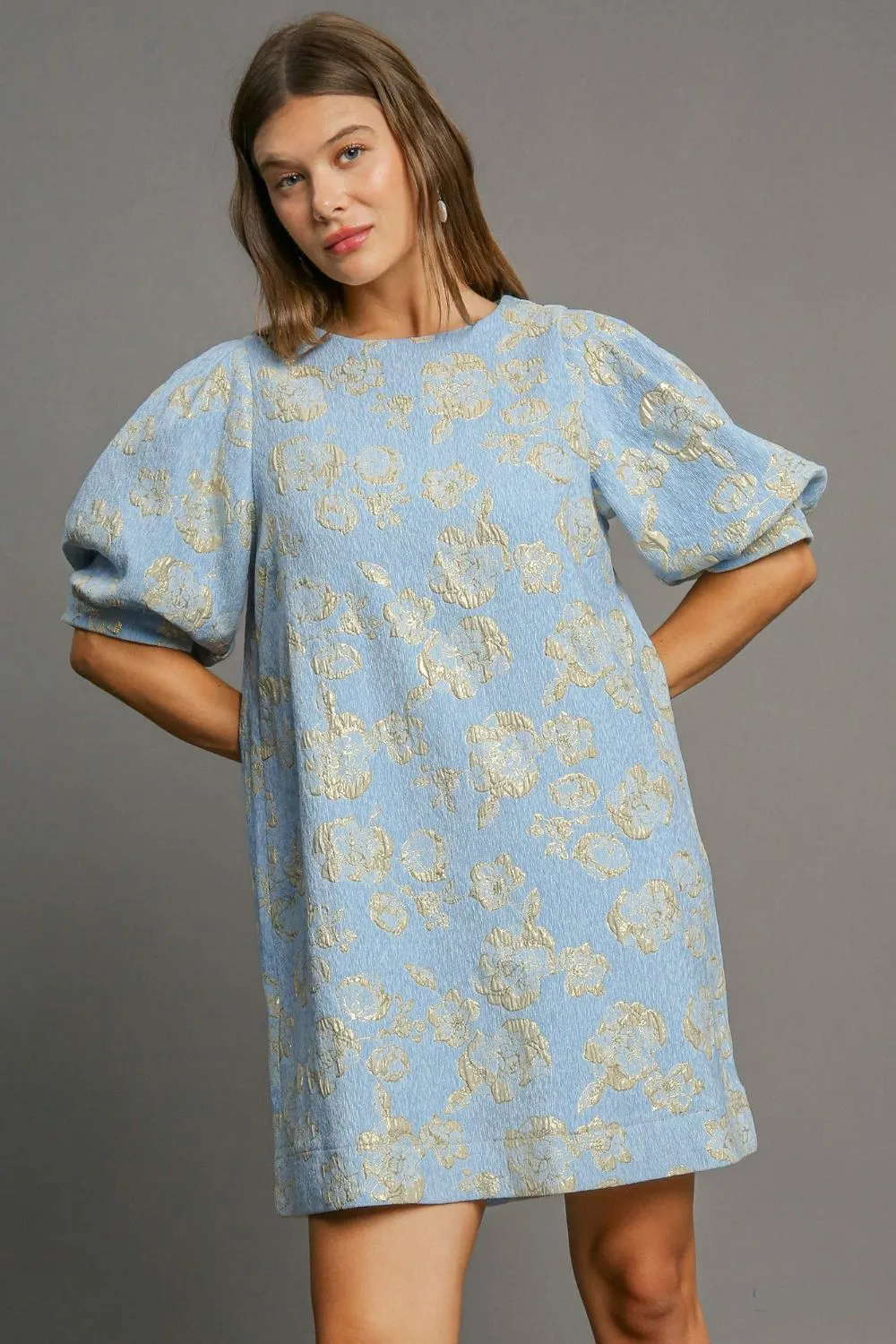 Umgee Floral Jacquard Puff Sleeve Mini Dress sold by Charming Charlie product image thumbnail 3