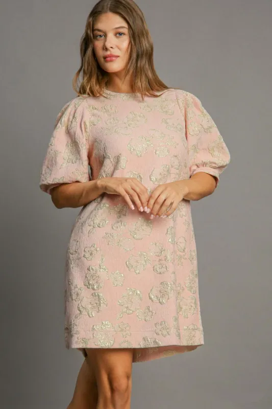 Umgee Floral Jacquard Puff Sleeve Mini Dress sold by Charming Charlie