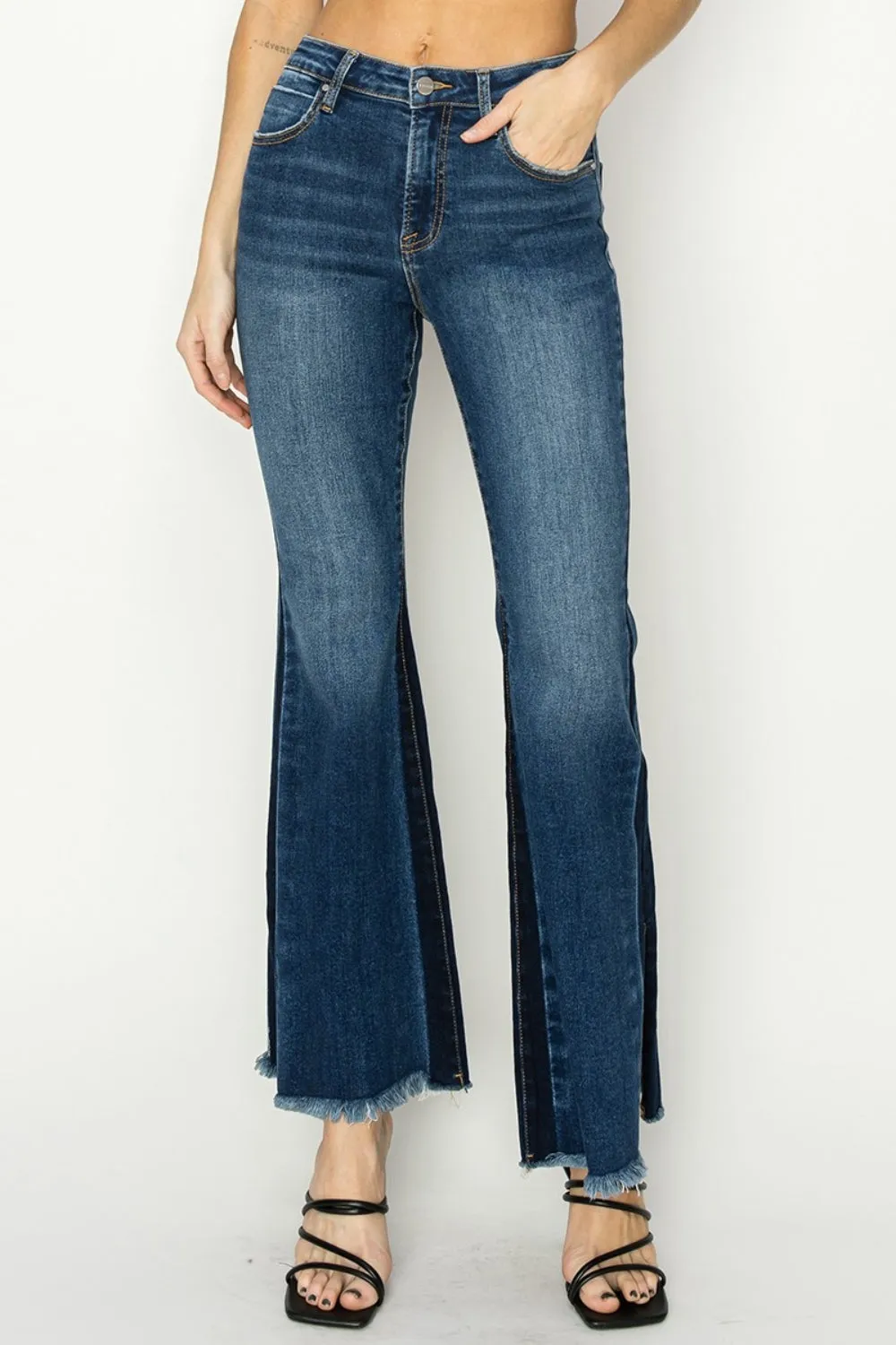 RISEN Full Size High Rise Side Shadow Seam Detail Slit Flare Jeans sold by Charming Charlie