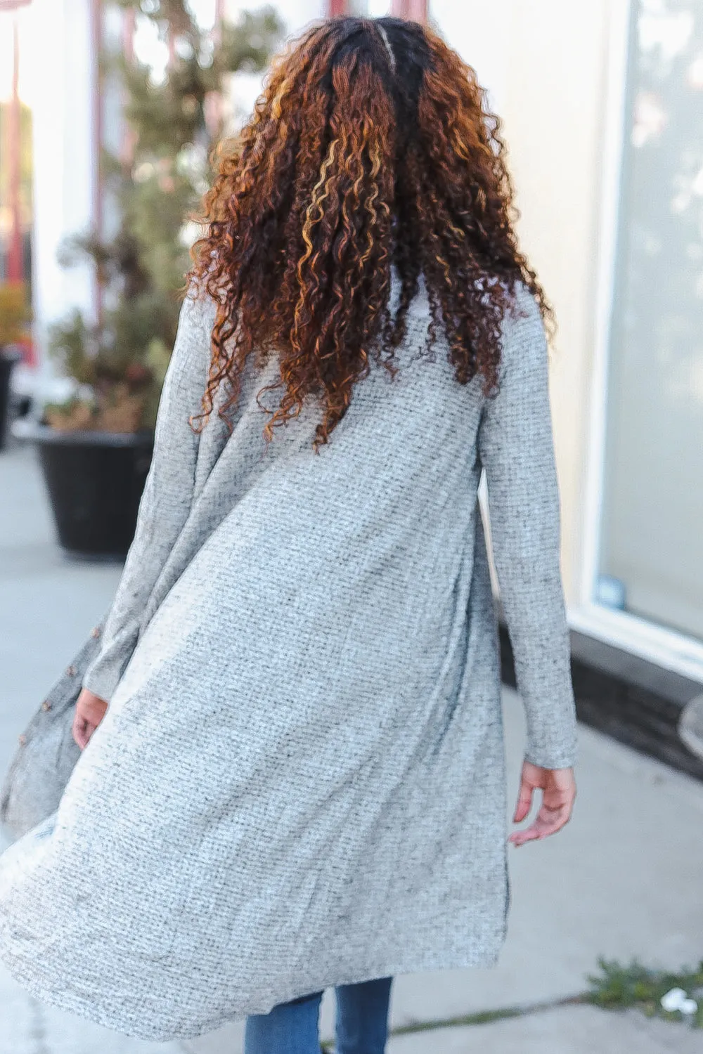 Spread Joy Grey Brushed Knit Crochet Button Down Duster Cardigan sold by Charming Charlie product image thumbnail 5