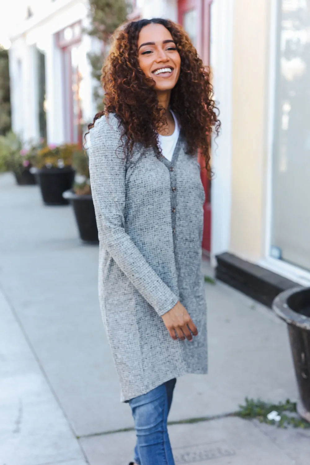 Spread Joy Grey Brushed Knit Crochet Button Down Duster Cardigan sold by Charming Charlie product image thumbnail 4