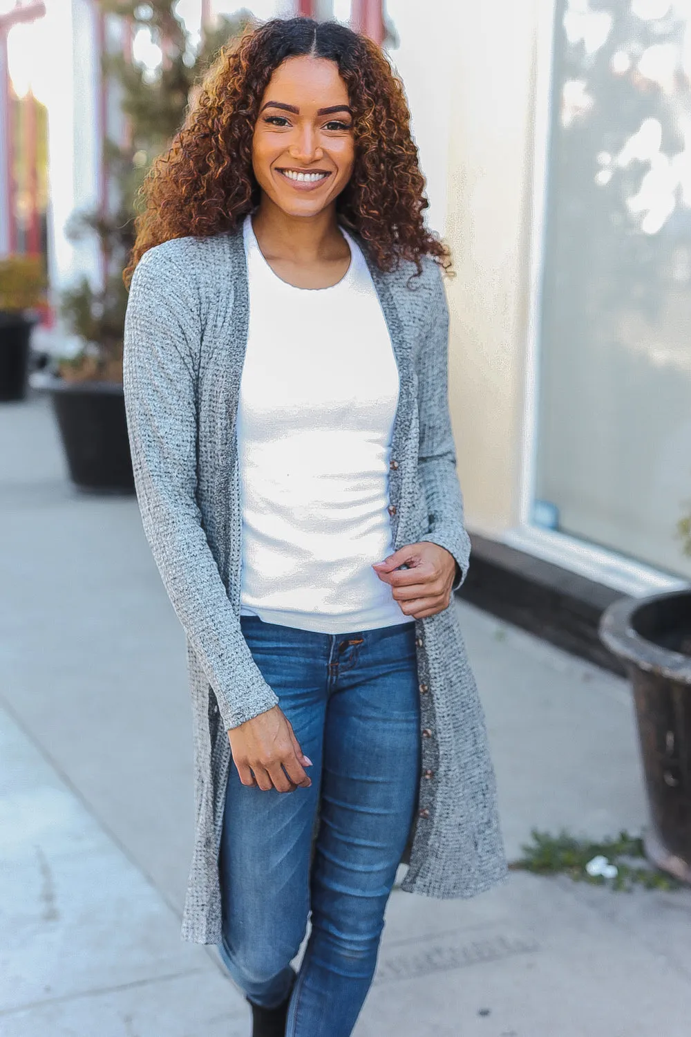 Spread Joy Grey Brushed Knit Crochet Button Down Duster Cardigan sold by Charming Charlie product image thumbnail 3