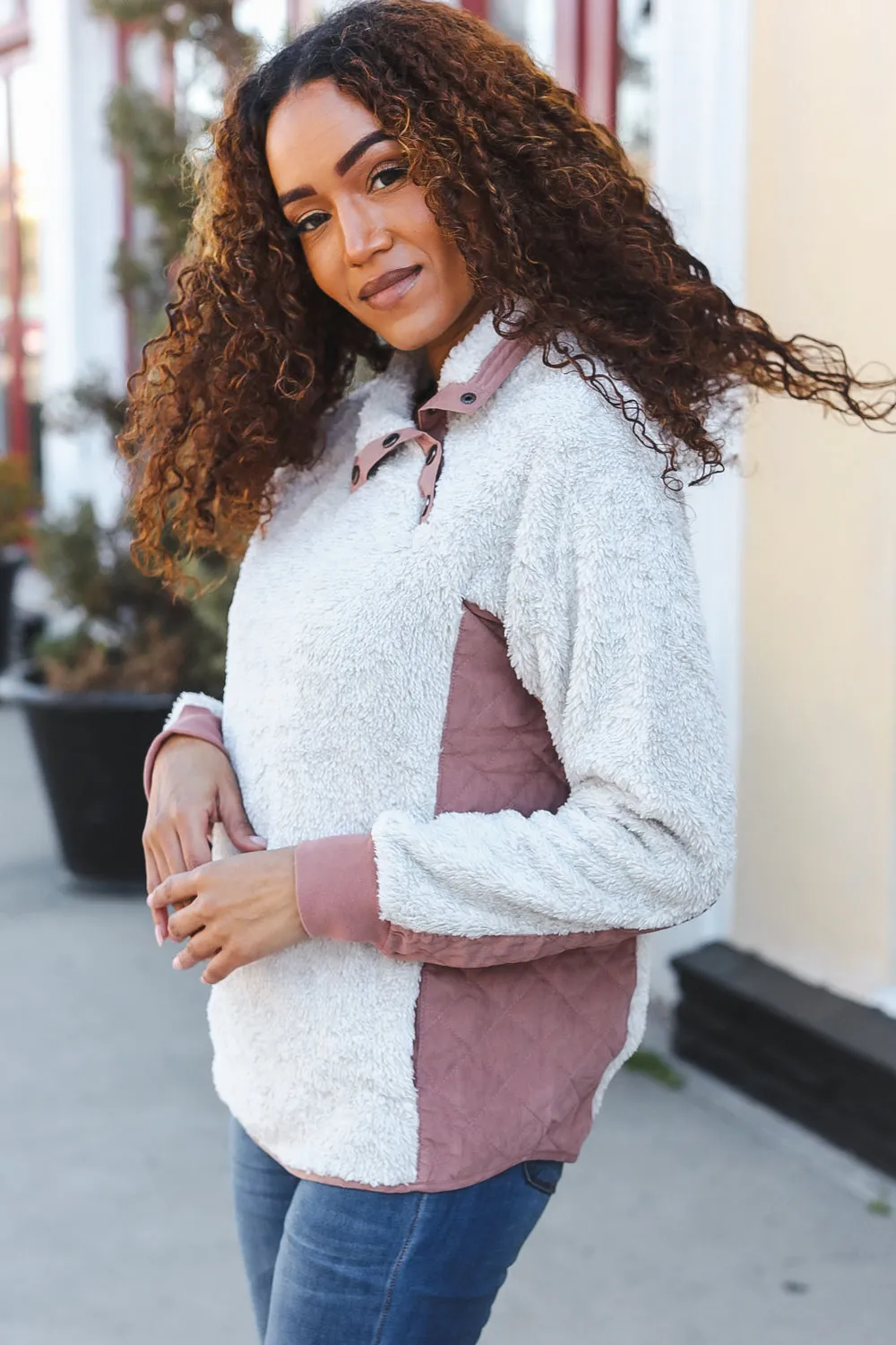 Beautiful You Ivory Sherpa Quilted Snap Button Pullover sold by Charming Charlie product image thumbnail 5