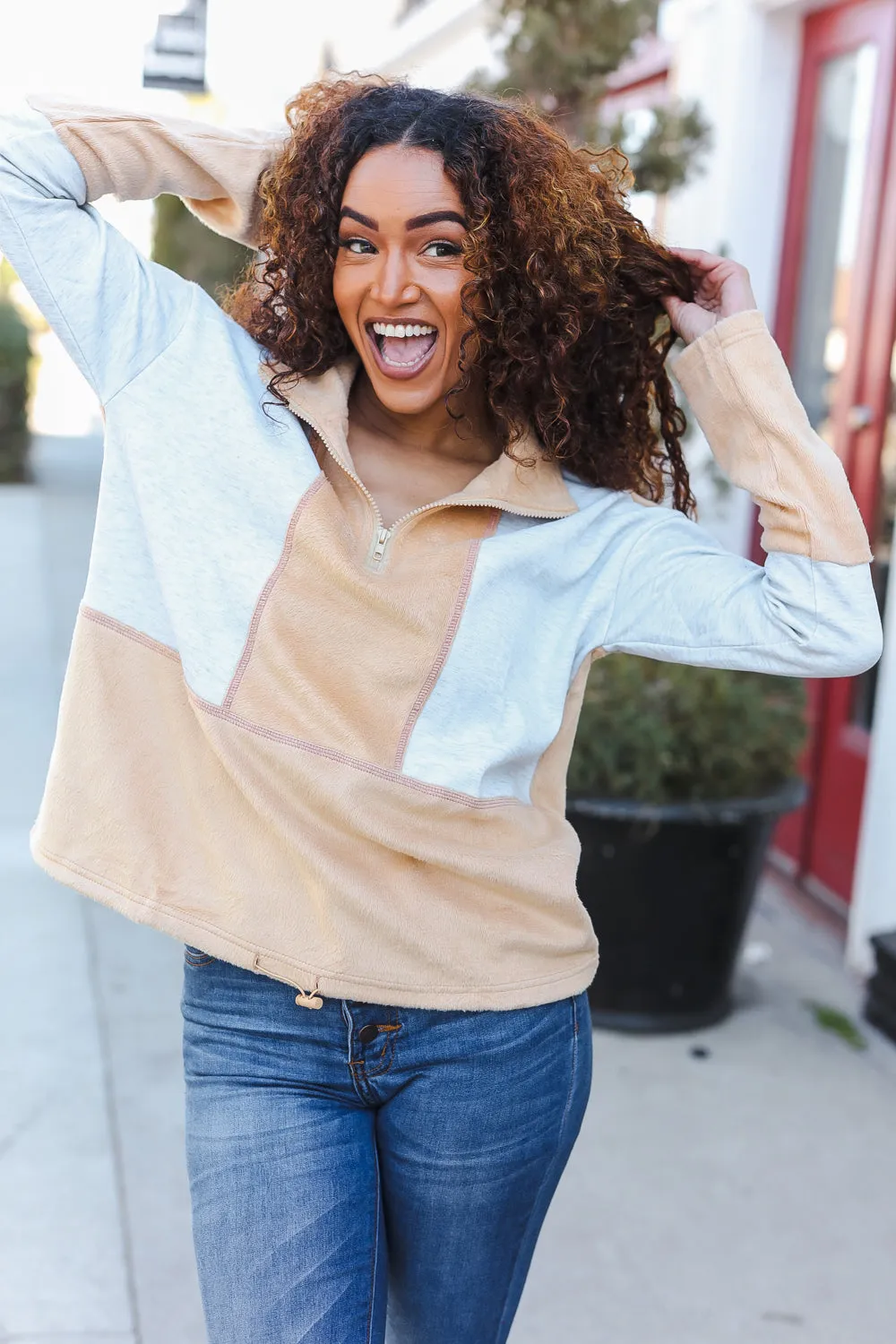 Holiday Vibes Grey/Beige Fleece Zip Up Cinched Hem Pullover sold by Charming Charlie product image thumbnail 5