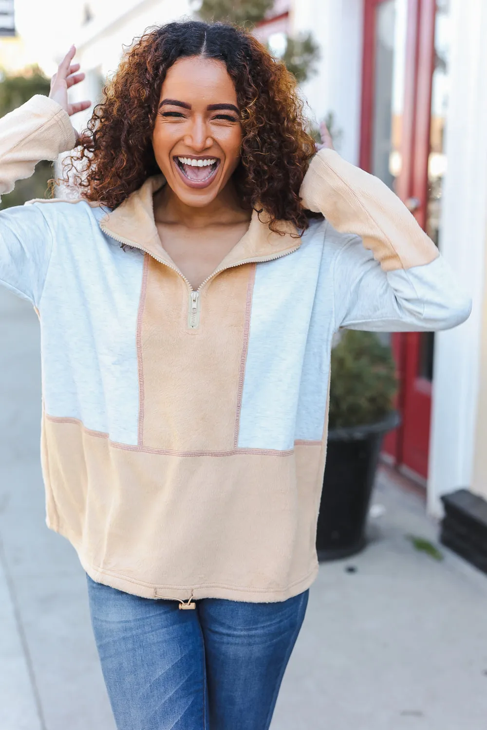 Holiday Vibes Grey/Beige Fleece Zip Up Cinched Hem Pullover sold by Charming Charlie product image thumbnail 4