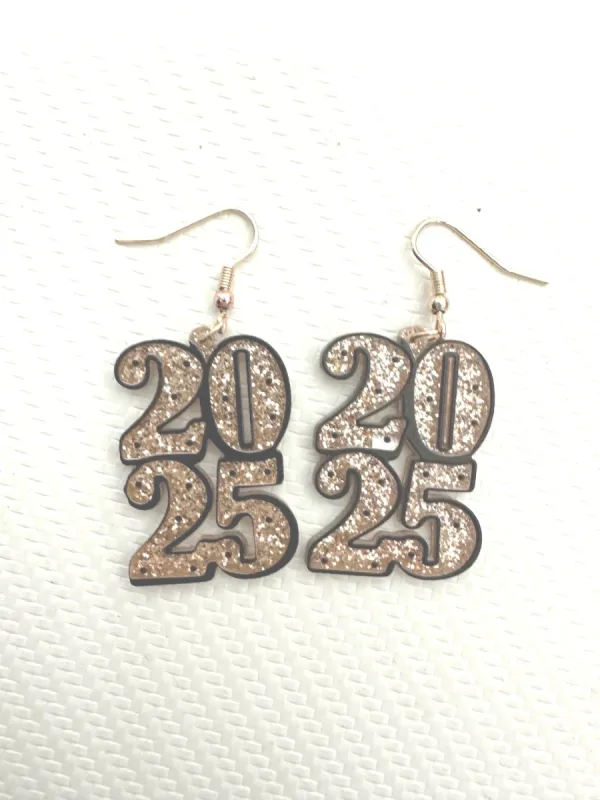 New Year's 2025 Gold Glitter Dangle Earrings sold by Charming Charlie