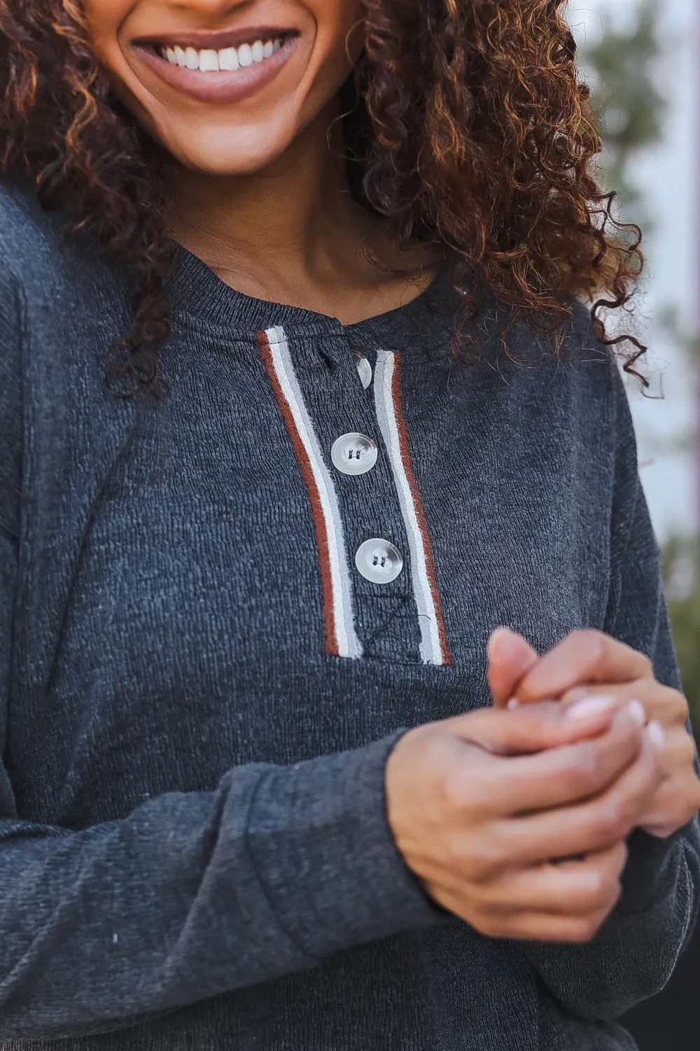 Casual Days Grey Ribbed Knit Button Down Henley Pullover sold by Charming Charlie product image thumbnail 4