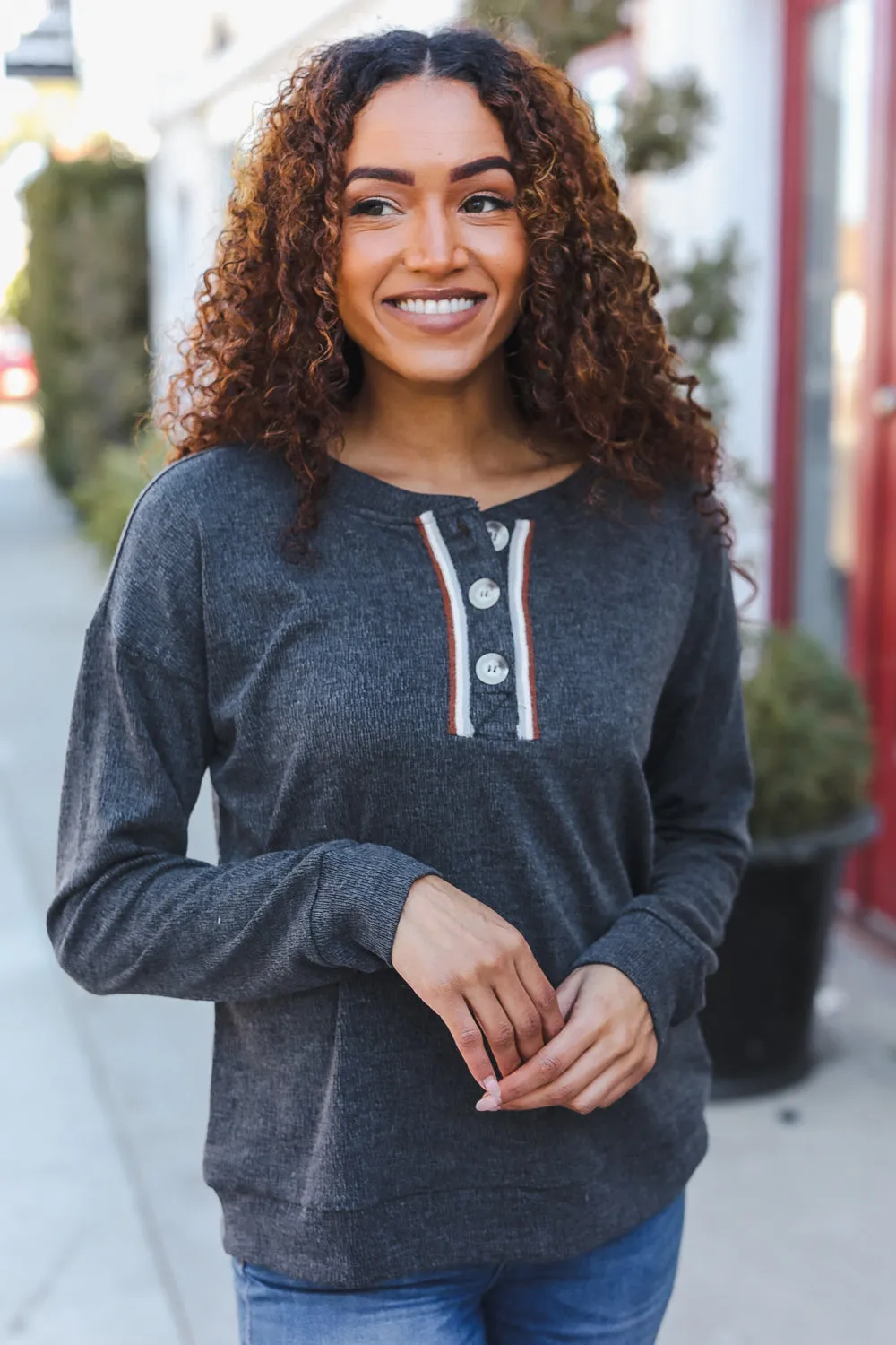 Casual Days Grey Ribbed Knit Button Down Henley Pullover sold by Charming Charlie product image thumbnail 5