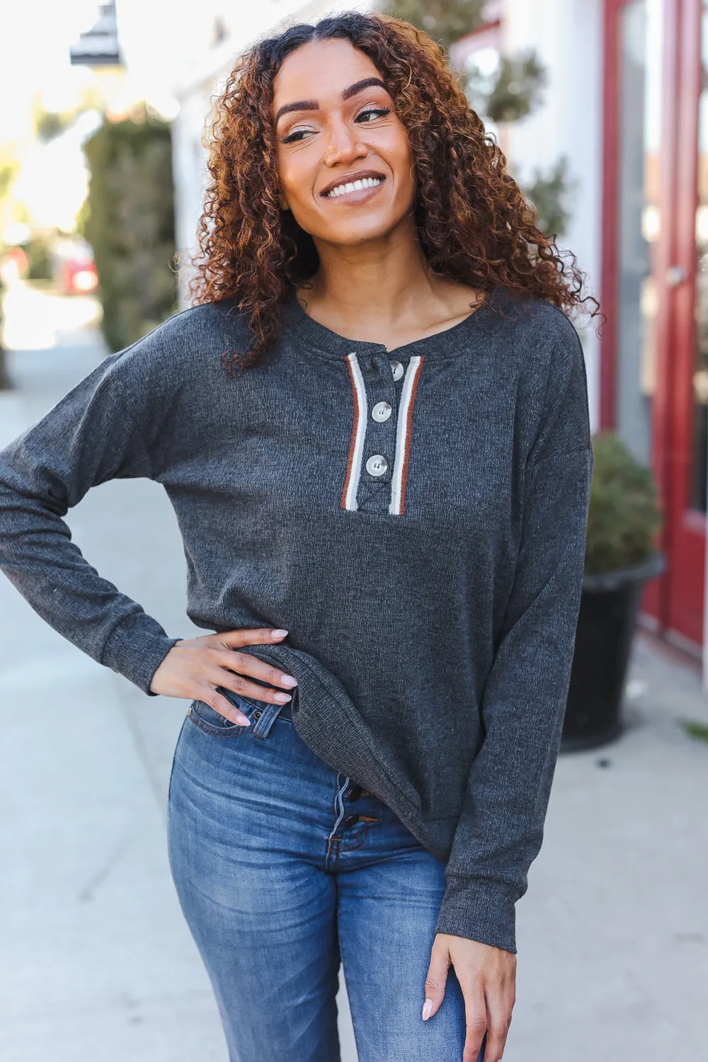 Casual Days Grey Ribbed Knit Button Down Henley Pullover sold by Charming Charlie product image thumbnail 3