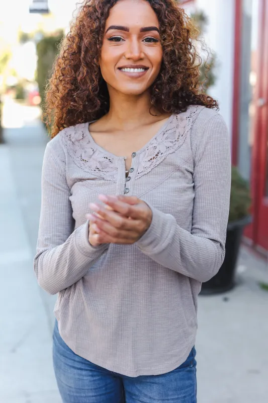 Femme Taupe Cotton Blend Rib Crochet Button Down Pullover made by Mystree